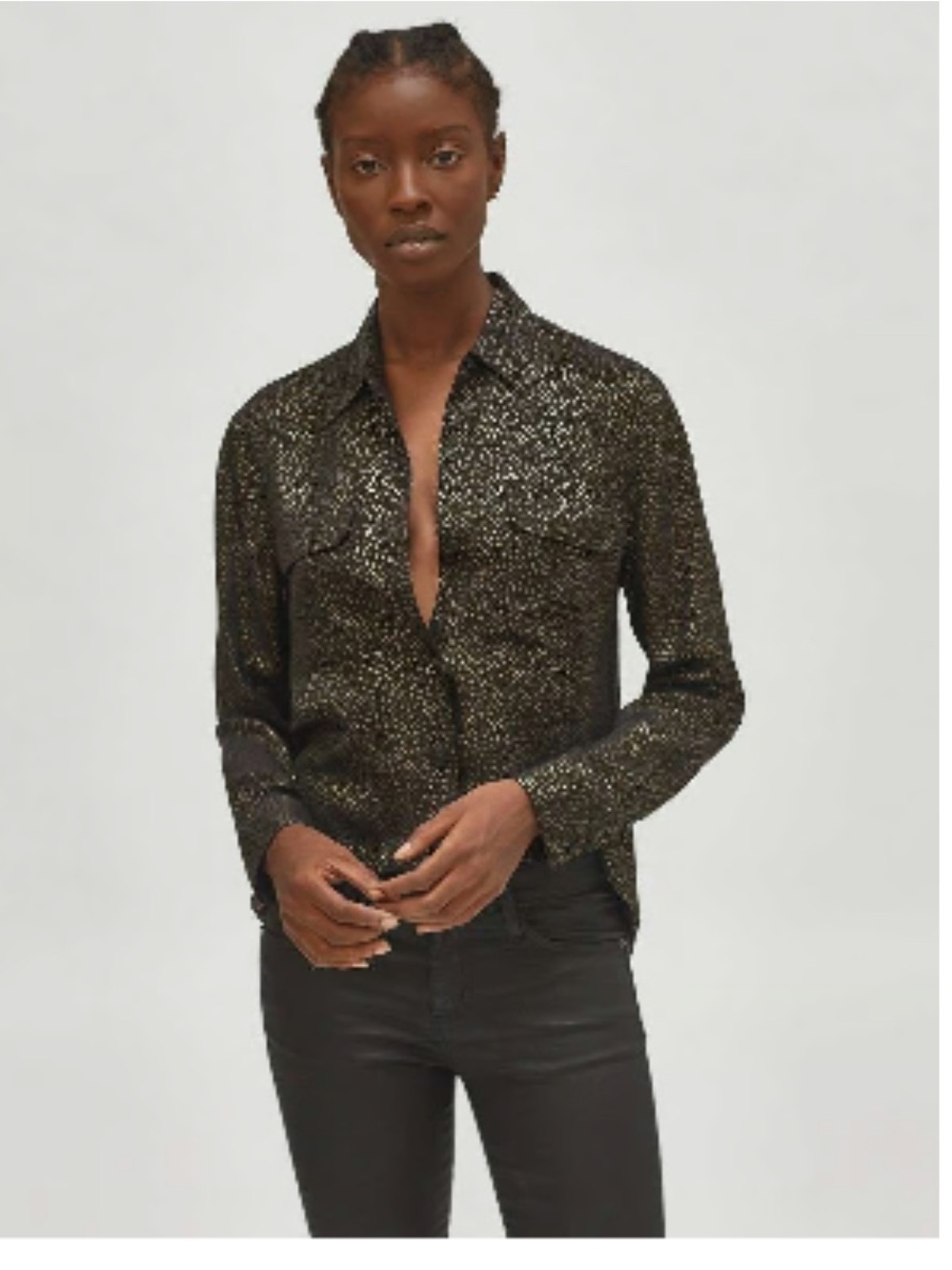 Equipment Signature Silk Shirt – Black & Gold Polka Dot